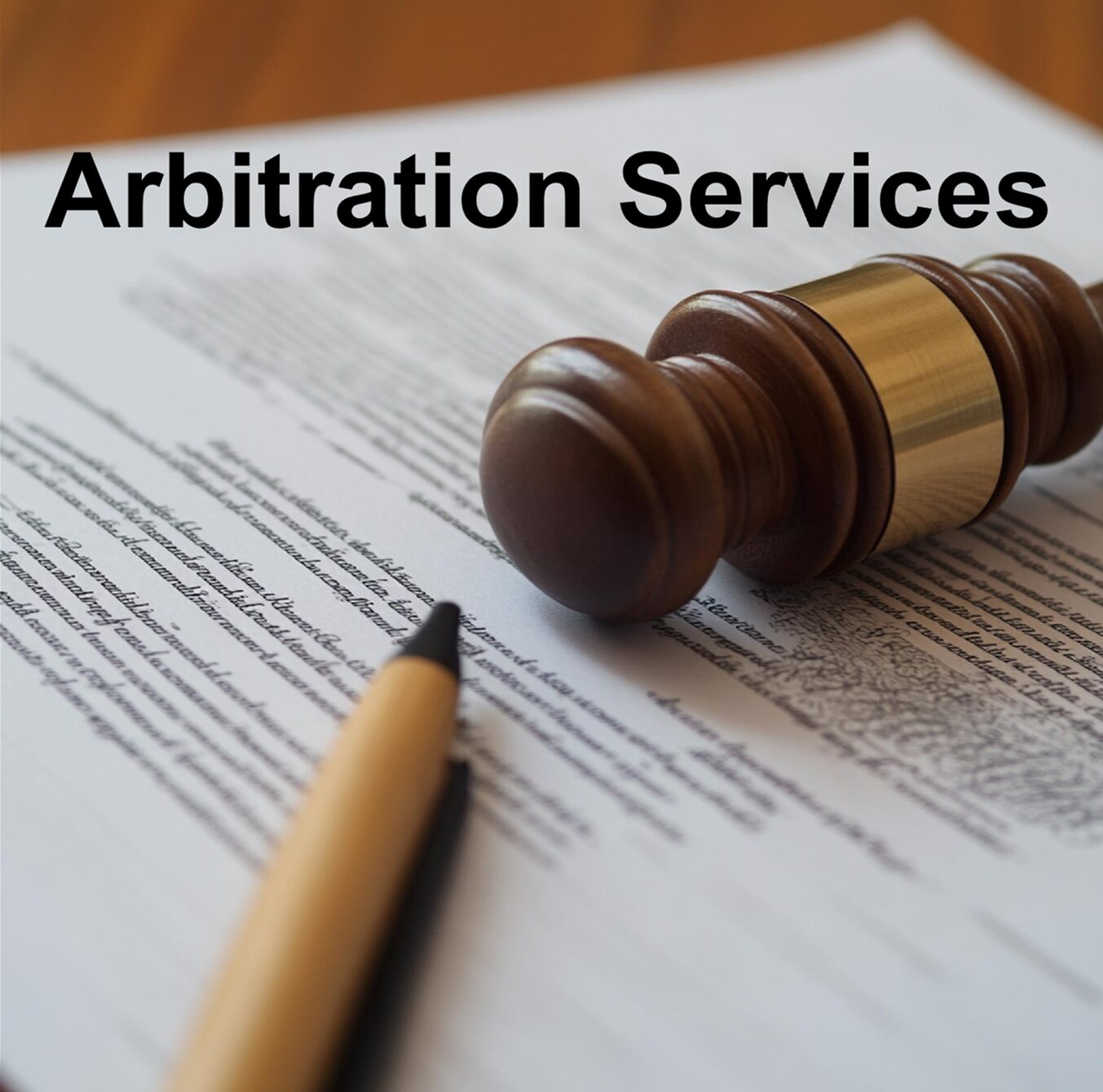 arbitration services gavel and ink pen lying atop a paper contract