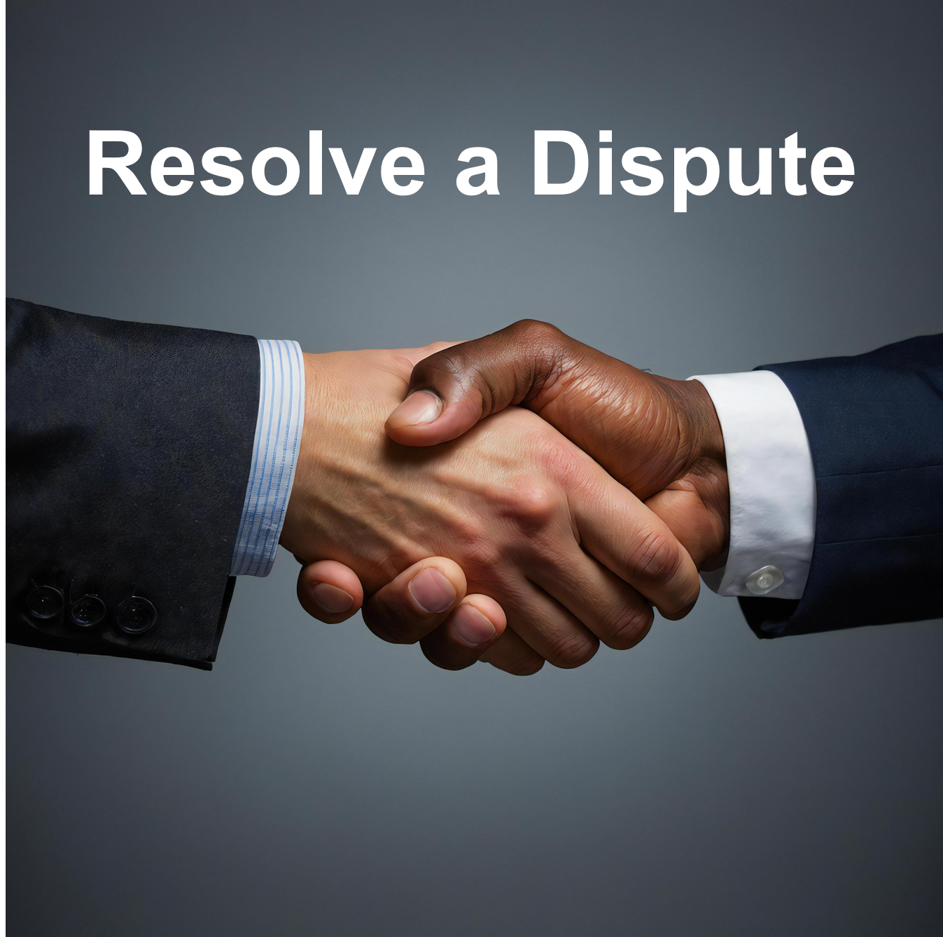 resolve a dispute Two hands in a handshake exending from business suits