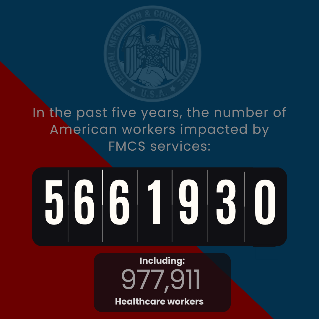 Ticker numbers showing the estimated number of American workers helped by FMCS services in the past 5 years